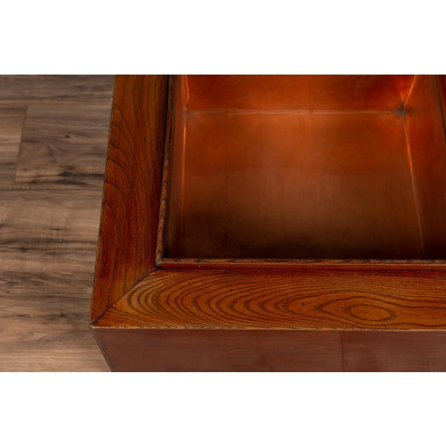 Burgundy Japanese 19th Century Keyaki Wood Rectangular Hibachi with Copper Liner For Sale - Image 8 of 13