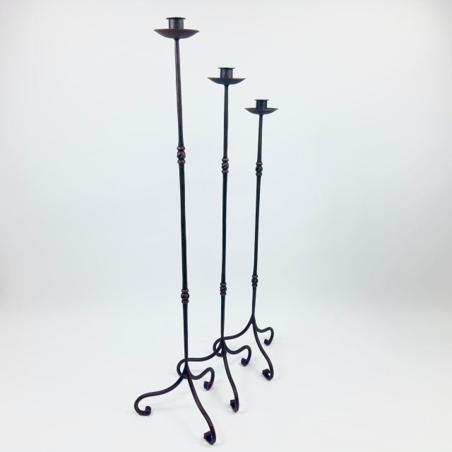 Hand Forged Iron Candelabra Set of 3 (92-112cm) Antique Copper Finish Slender Stem with French Scroll Base For Sale - Image 6 of 7