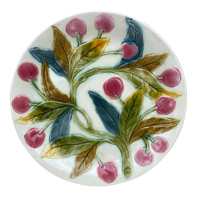 French Majolica Cherries Plate, Circa 1890 For Sale