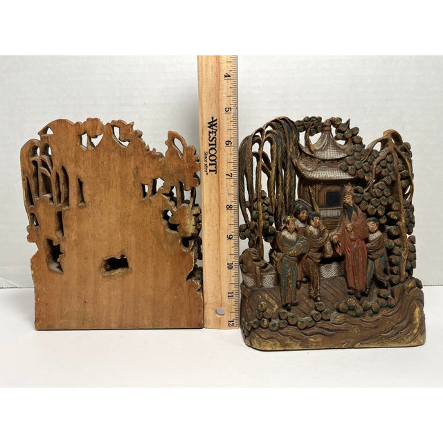 A Pair of Antique Late Qing Dynasty Chinese Handcarved Wood Bookends For Sale - Image 9 of 11