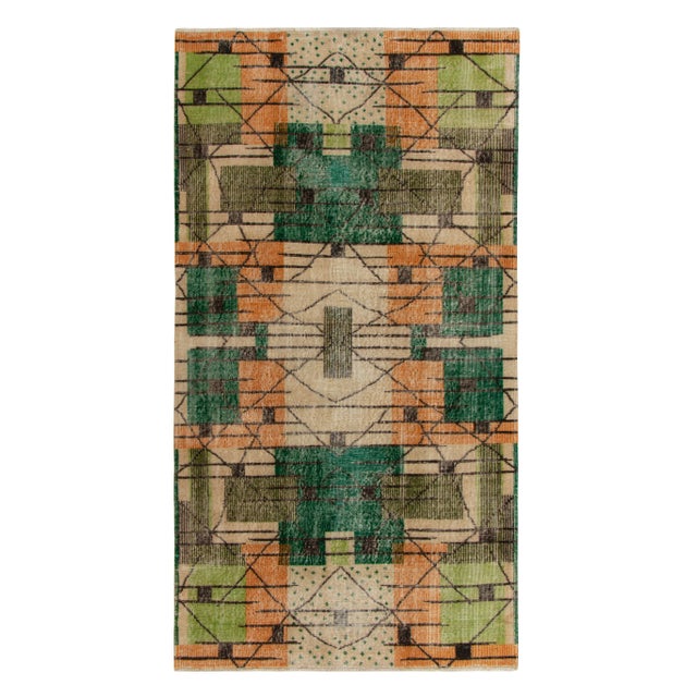 Textile Vintage 1960s Art Deco Rug in Beige With Orange, Green, Black Geometric Pattern For Sale - Image 7 of 7