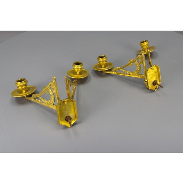 French Art Deco Brass Twin Arm Piano Candlestick Wall Lights by L. Pinet, 1930s, Set of 2 For Sale - Image 10 of 18