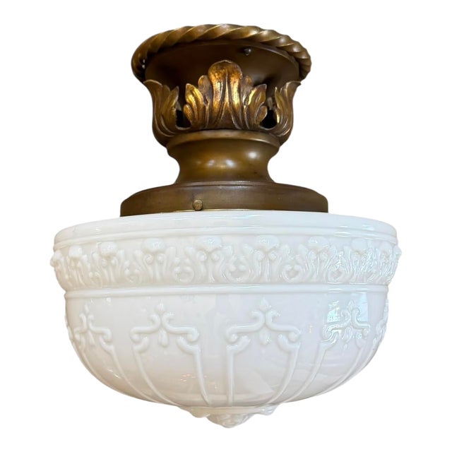 1910s Neoclassical Embossed Cased Glass Ceiling Light For Sale