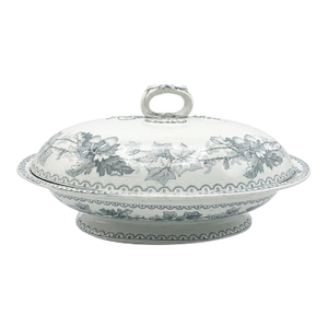 English Antique Blue & White Covered Dish With Crackle Glaze and Lovely Ribbon & Acorn Motifs for Cottage Core & Collectors - See Pics!