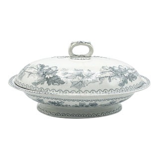 English Antique Blue & White Tureen / Covered Dish With Crackle Glaze and Lovely Ribbon & Acorn Motifs for Cottage Core & Collectors - See Pics! For Sale
