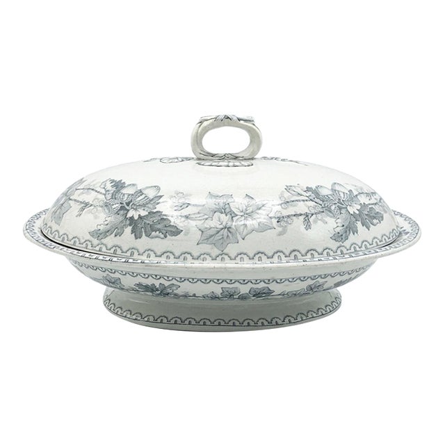 English Antique Blue & White Tureen / Covered Dish With Crackle Glaze and Lovely Ribbon & Acorn Motifs for Cottage Core & Collectors - See Pics! For Sale