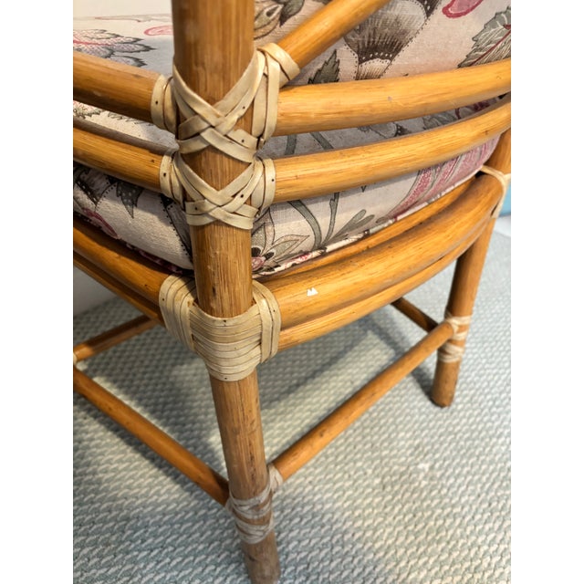 Mid 20th Century 8 McGuire Target Back Dining Chairs. Upholstered in Palm Beach Designer Performance Fabric With Soft Pink and Green Accents. (10 Available.) For Sale - Image 5 of 8