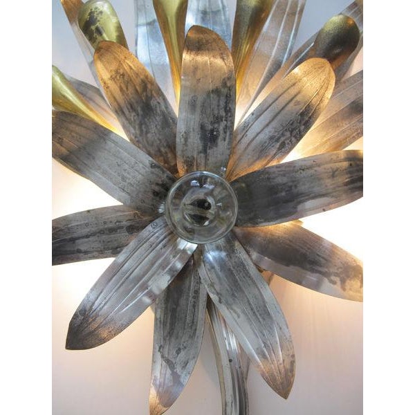 1930s A Pair of American Art Deco Tole & Brass Foliate-Form Sconces Centering Glass Spheres For Sale - Image 5 of 10