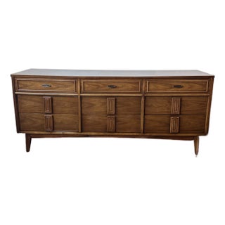 Mid Century Walnut 9 Drawer Dresser With Mirror For Sale