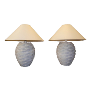 Pair of Vintage 1980's American Sunset Lamp Company Postmodern White Ceramic Gray Speckled Stacked Beehive Table Lamps