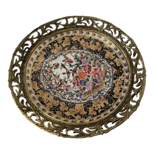 Antique Brass and Porcelain Chinese Hand Painted Decorative Plate Marked