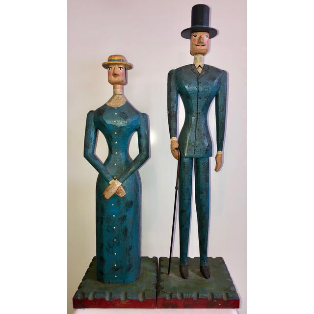Folk Art Curtis Jeré, Hand Carved Painted Wood Folk Art Americana Sculpture Pair American Gothic, 1982 For Sale - Image 3 of 12