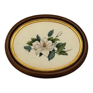 Vintage 1990s Oval Framed Needlepoint Floral Art For Sale