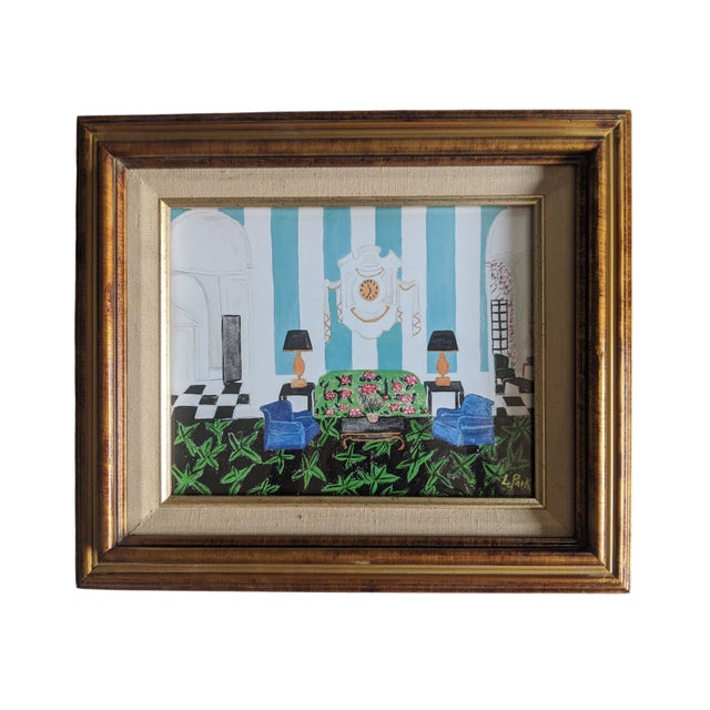 Wood Original Fauvist Greenbrier Resort Hotel "Lobby Lounge" Dorothy Draper Interior Art For Sale - Image 7 of 13