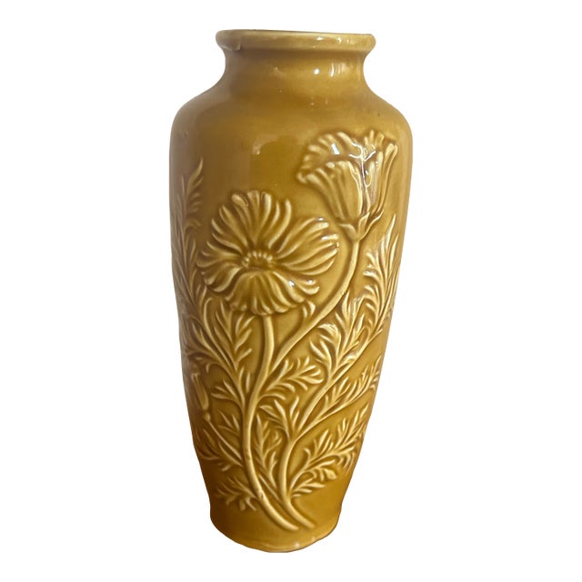 Vintage Mustard Yellow Embossed Floral Ceramic Vase – Mid-Century Relief Design For Sale