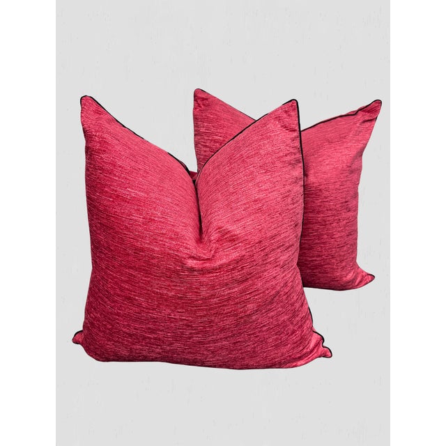 Beautiful custom made pillow pair in Europatex Fuchsia with Black Micro Cord. Windowpane Black Woven Tape applied to the...