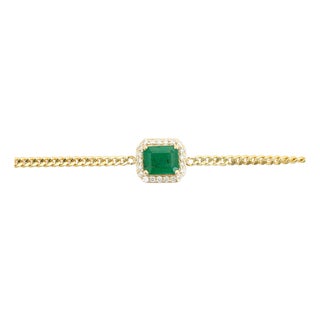 Estate Halo Diamond Emerald Bracelet With 14k Gold Curb Chain For Sale