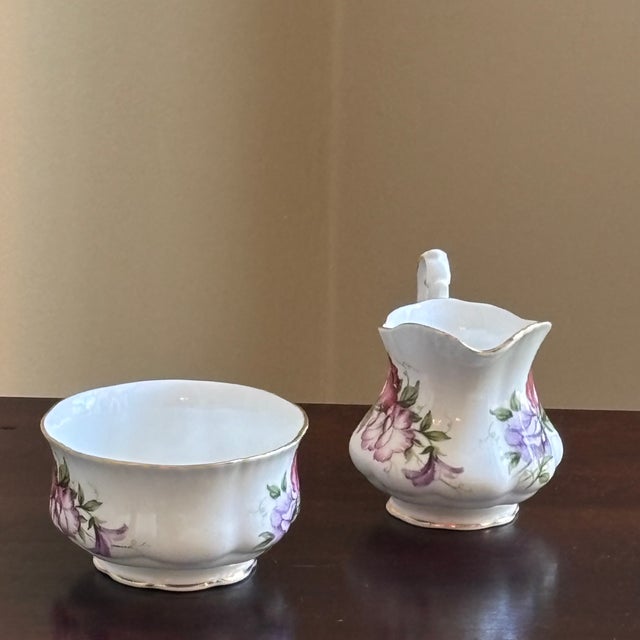Victorian Mid-20th Century English Bone China Sugar Bowl & Creamer — A Set For Sale - Image 3 of 16