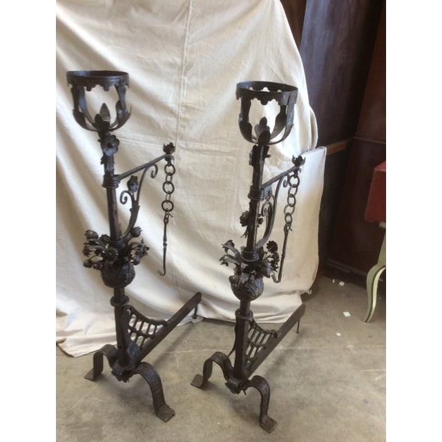 Wrought Iron Andirons With Swing Arms for Cooking - A Pair For Sale - Image 9 of 9