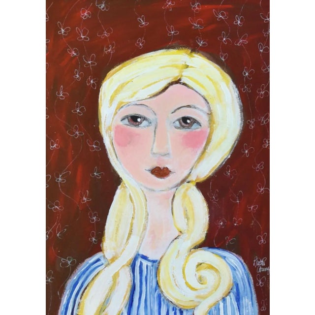 French Mademoiselle W/ Curly Blonde Hair Portrait Oil Painting W/ Antiqued Gold Wood Frame For Sale In Los Angeles - Image 6 of 12