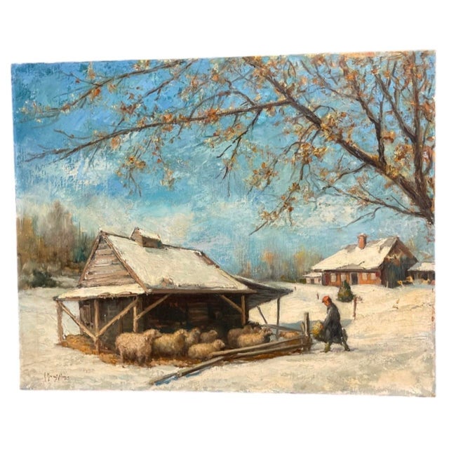 1960s Painting: Winter Countryside Scene With Livestock Barn For Sale - Image 4 of 12