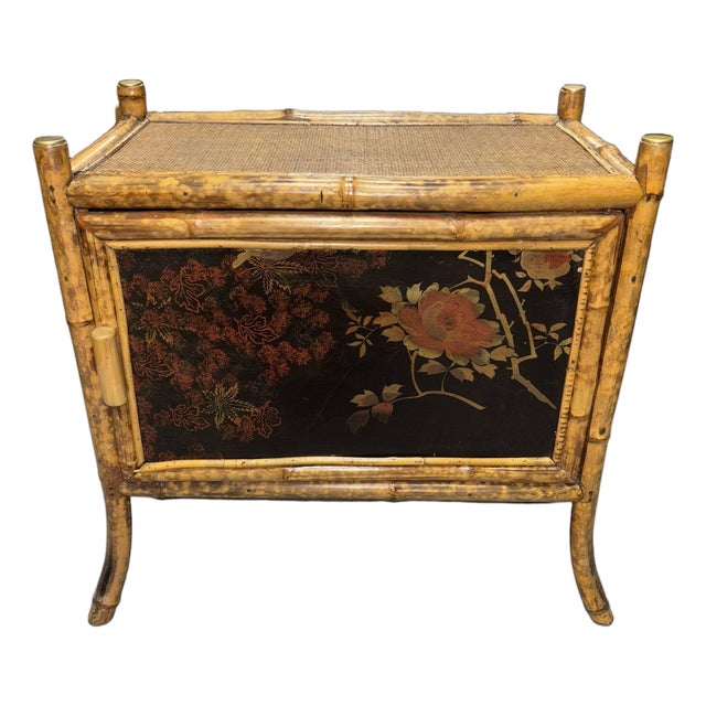 Late 19th Century Victorian Chinoiserie Tiger Bamboo Nightstand With Hand-Painted Lacquer Front For Sale