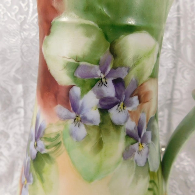 1940s 1940s Contemporary Unmarked Tall Slender Green Chocolate Pot With Purple Flowers For Sale - Image 5 of 10
