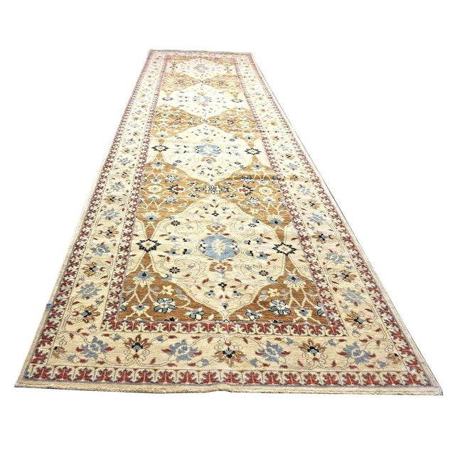 21st Century Afghan Sultanabad Wool 5x18 Tan, Blue & Ivory Handmade Gallery Rug #1143691 For Sale - Image 4 of 8