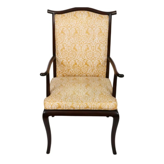 Set of 12 Asian Inspired Vintage Dining Room Chairs in Yellow Fortuny Fabric For Sale - Image 4 of 4