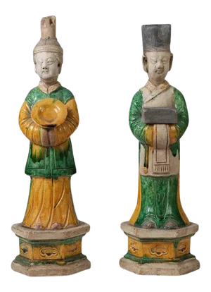 Antique Chinese Glazed Pottery Tomb Figures of Officials or Attendants Ming Dynasty - a Pair