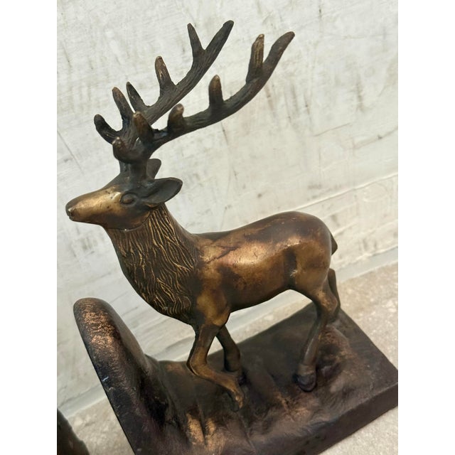 Vintage Sculptural Bronze-Clad Cast Iron Elk, Stag, Deer With Antlers Bookends- A Pair For Sale - Image 9 of 12