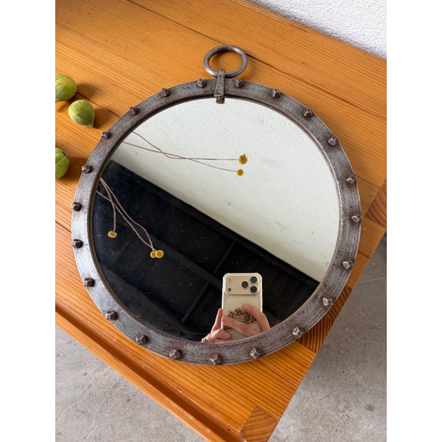 Round Brutalist Wrought Iron Mirror with Nails, 1960s For Sale - Image 18 of 18