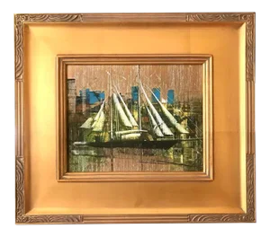Vintage Mid Century Modern Expressionist Oil Painting Sail Boat and City by Moss