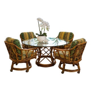1960s Coastal Rattan Bamboo Dining Table & 4 Chairs Glass Top For Sale