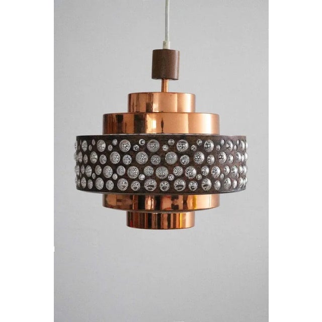 Mid-Century Copper and Glass Pendant Lamp. Suspension, 1960s Design in Teak. 70 cm cable. Up to 250V (Europe/UK...