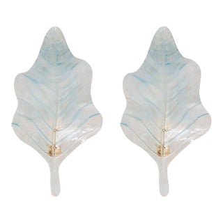 1980s Large Blue Murano Glass Leaf Sconces - A Pair For Sale