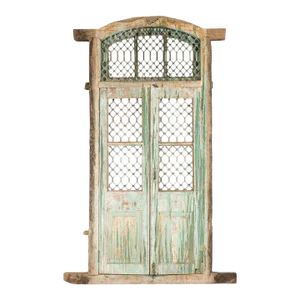Antique 1900s Indian Grate Window with Green Paint & Distressed Patina