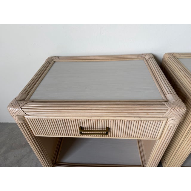 Vintage Coastal Rattan & Leather Top One-Drawer Nightstands – A Pair For Sale - Image 12 of 12