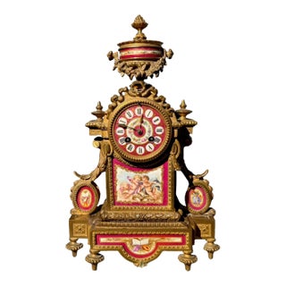 19th Century French Gilt Mantel Clock With Red Sevres Style Porcelain For Sale