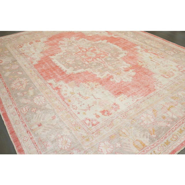 Antique Zabihi Collection Soft Red Ivory Square Oushak Rug For Sale - Image 12 of 12