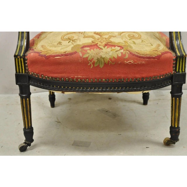 Antique French Empire Black Ebonized Walnut Needlepoint Parlor Arm Chair For Sale In Philadelphia - Image 6 of 12