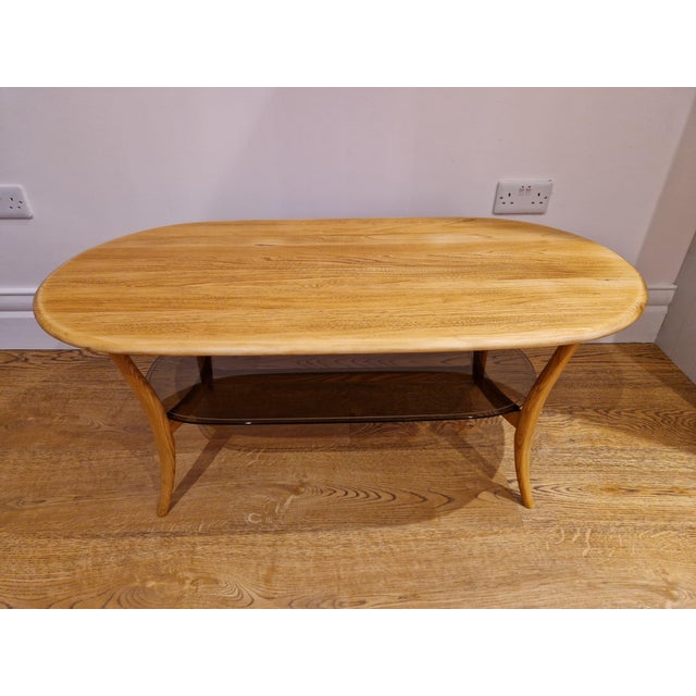 Ercol Mid-Century Blonde Oval Coffee Table Smoked Glass from Ercol, 1970s For Sale - Image 4 of 11