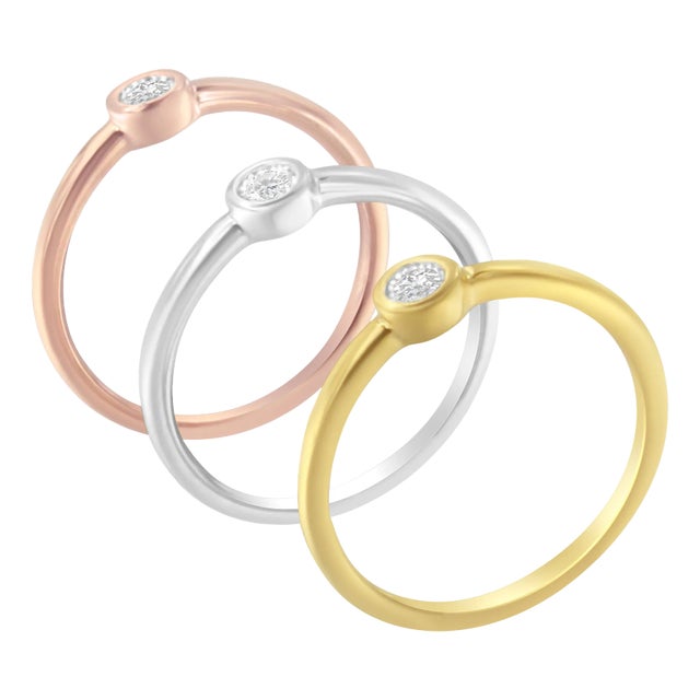 Tri-Color 14K Gold Plated .925 Sterling Silver 1/6 Cttw Round Miracle-Set Diamond Stacking Promise R EVS1010 For Sale