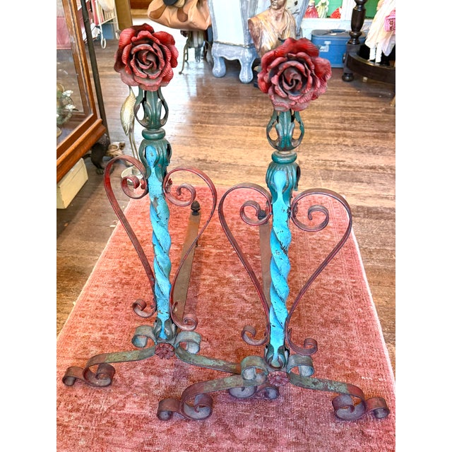 Tall Antique French Floral Tole Andirons For Sale - Image 4 of 17