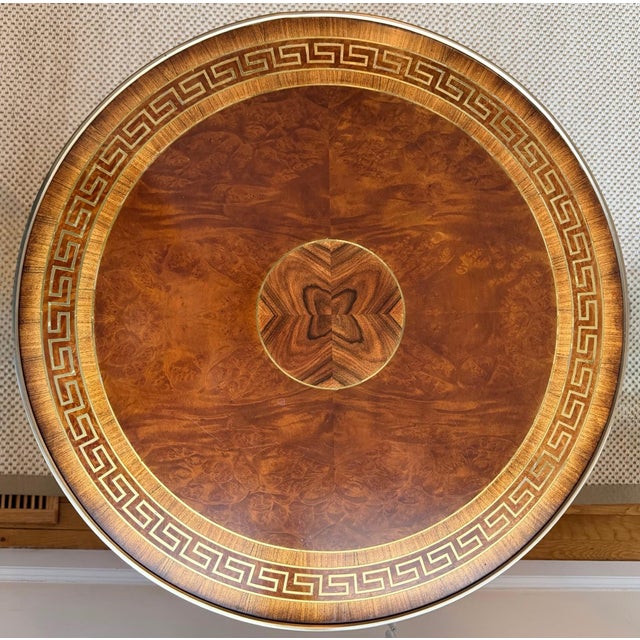 Brown French Greek Key Round Side Tables, Brass, Burlwood,Set of 2 For Sale - Image 8 of 18