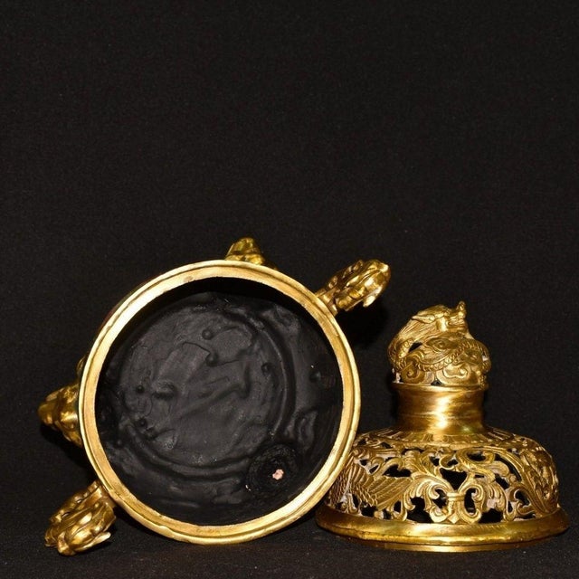 Vintage Cloisonne Enamel Incense Burner – 9.8" Gilt Dragon Censer With Pierced Lid For Sale In Los Angeles - Image 6 of 9