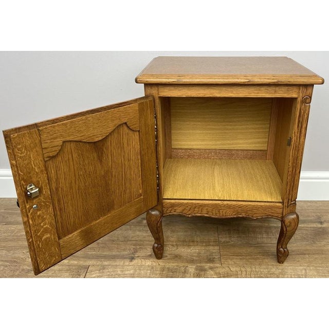 French Louis Oak Bedside Tables with Marble Tops, Set of 2 For Sale - Image 10 of 11