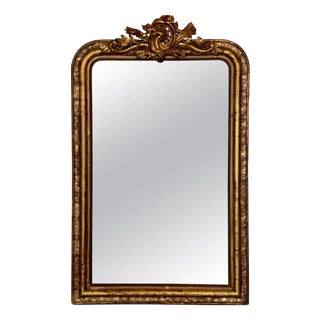 Large French Vertical Gilt Mirror with Floral Crest, 1890s For Sale