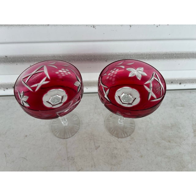 Mid 20th Century Vintage Cranberry/Raspberry Crystal Coupe Glasses - Pair 2 For Sale - Image 5 of 6