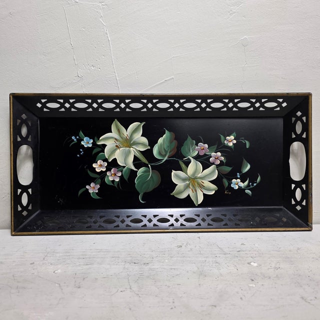 Mid Century Toleware Floral Tray Bar Cart Sever Black Oblong For Sale - Image 15 of 15
